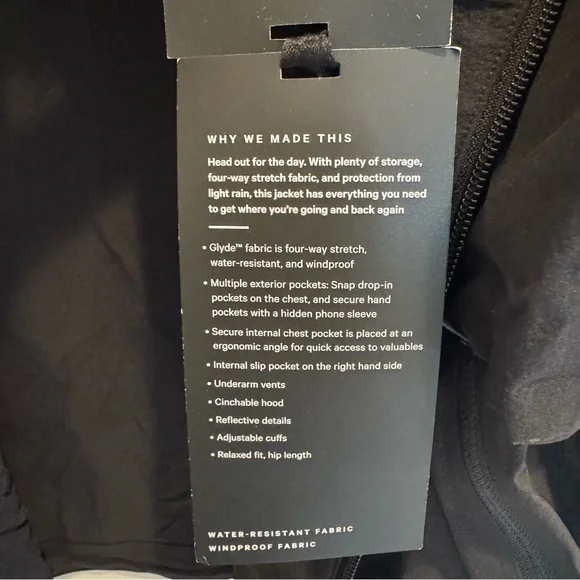 NWT Lululemon Men’s Weather-Resistant Black Rain Jacket, Size XL